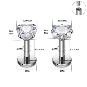 Orecchini a perno a forma di cuore quadrato in acciaio inossidabile 316L con zirconi CZ, piercing per labret e trago con filettatura interna, gioielli alla moda per il corpo - Product Image 2