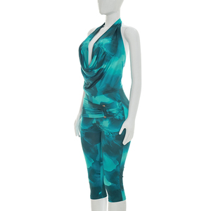 Viviblook J26ST138 Women Summer <b>Set</b> Sexy Mesh Straps Backless Halter Tank Top Cropped Pants Two Piece <b>Set</b> - Product Image 4