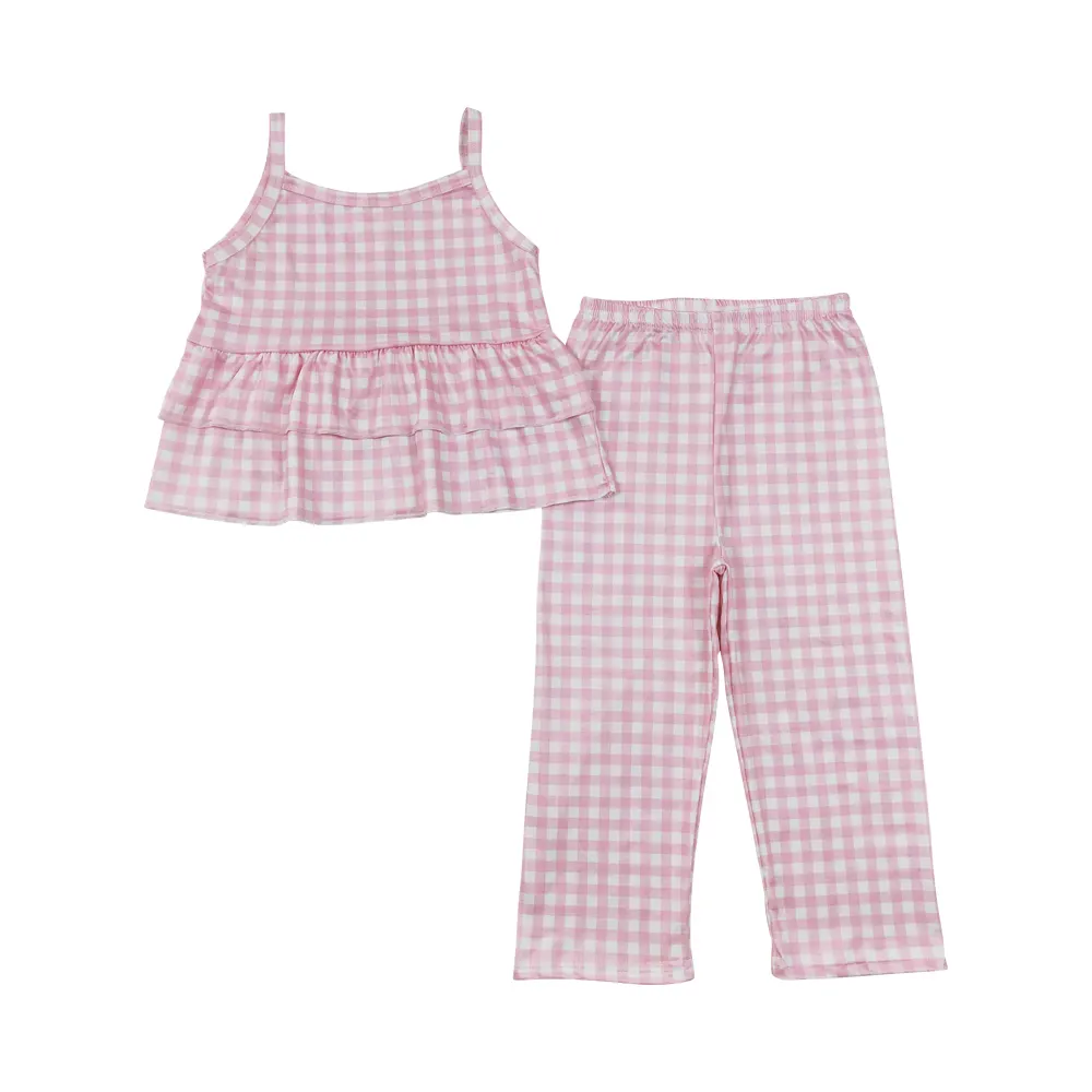 Gspo1380 Roze Ruches Geruite Broek Kleding Meisjes Set 7 Tot 14 Jaar Oud Meisjes Kleding Sets Kinderkleding Meisje Set