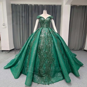 ANY251 Impresionante Vestido de Noche Verde Esmeralda con Lentejuelas y Hombros Descubiertos - Product Image 1