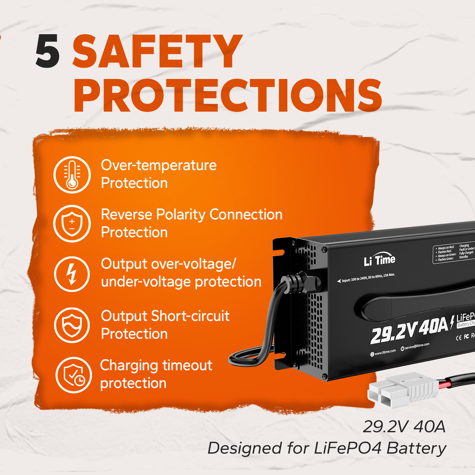 Litime 24V 40A Lithium Battery Charger - Reliable 3-Stage Charging