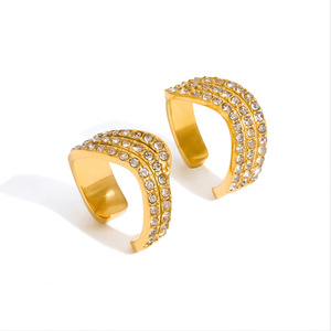 <b>Cuff</b> <b>Earrings</b> 18K Gold Stainless Steel Three Layer White Diamond Wave Design Everyday Wear - Product Image 5