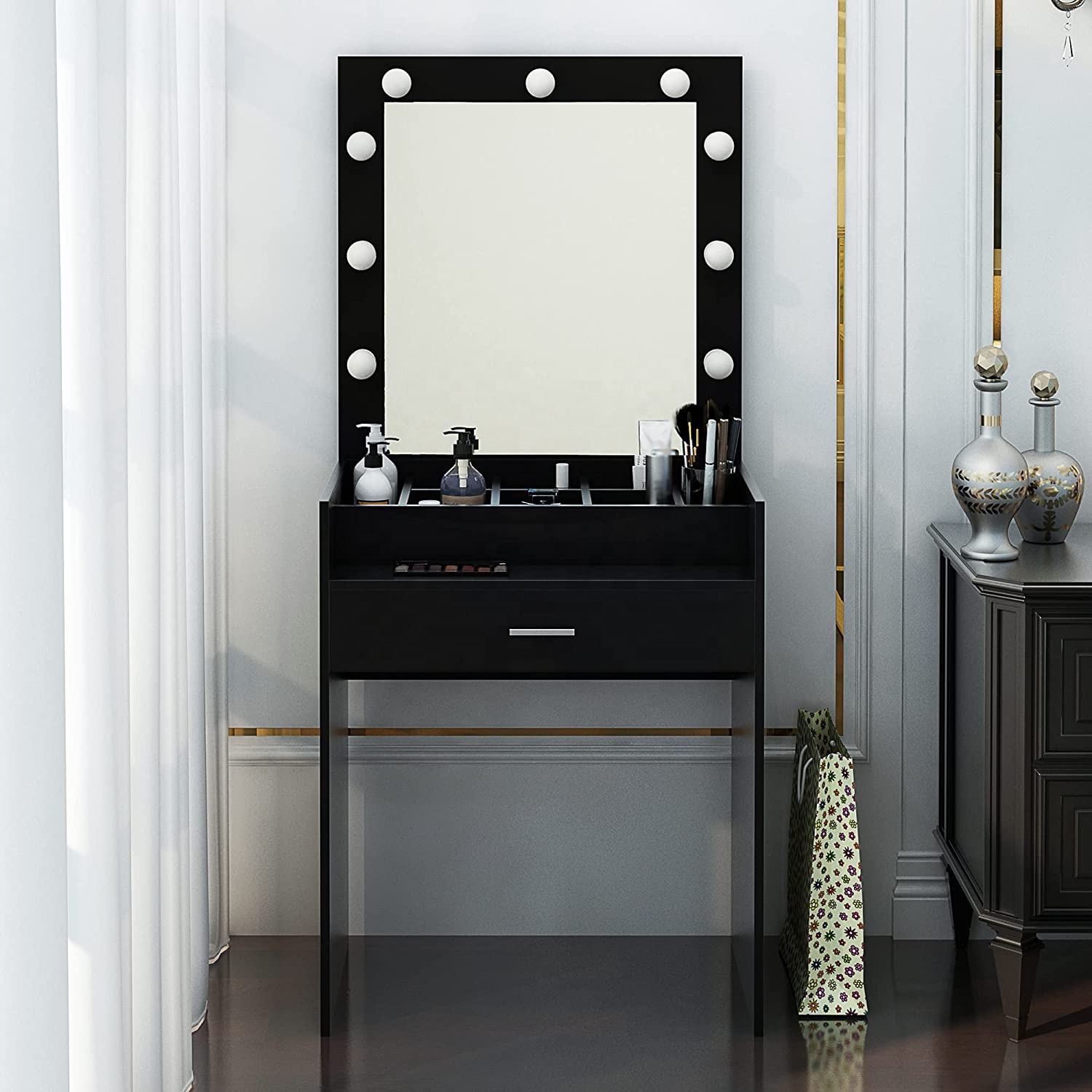Large Vanity Desk with Lights Bulbs - Modern Black Dresser