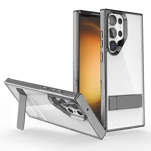 Sarung ponsel transparan dapat dicetak dengan dudukan lipat logam ramping TPU bening kristal untuk Samsung Galaxy S23 Ultra
