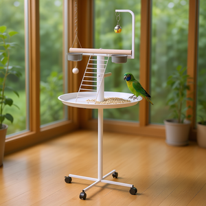 Support d'alimentation pour oiseaux sur roulettes avec plateau rond et perchoirs pour perroquets, en métal, moderne, pour intérieur, toutes saisons - Product Image 2