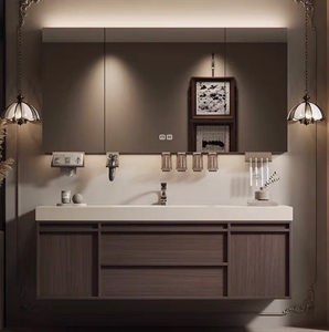 Walnut-colored bathroom cabinet with smart <b>mirror</b> white countertop <b>wall</b>-mounted sink and drawers - Product Image 6