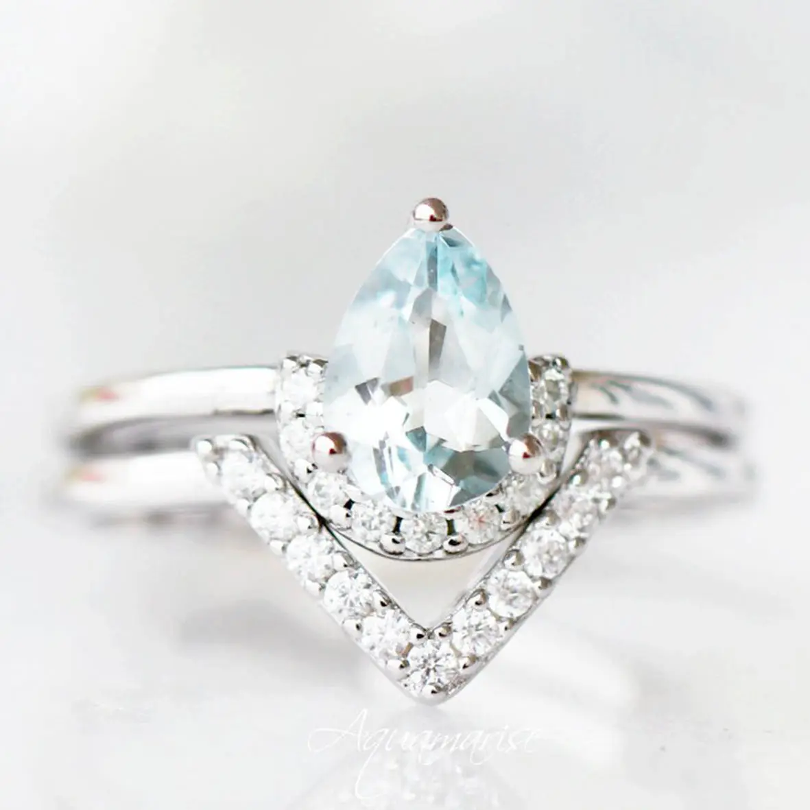 Pedra de aniversário de março, presente para seu anel de casamento com pedra azul s925, conjunto de anel de noivado aquamarino, vintage