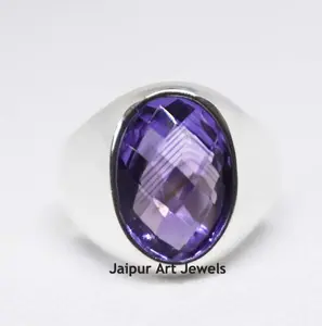 吸引波西米亚紫色紫水晶手工饰品925纯银结婚男士刻面戒指
