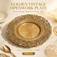 Assiette de présentation en plastique PP, dorée par poudrage, à bord festonné ajouré et motif soleil gaufré, pour ornement de table de banquet et de mariage