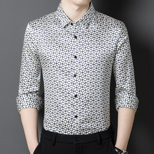 Chemise à manches longues en <span class=keywords><strong>soie</strong></span> de mûrier pour <span class=keywords><strong>homme</strong></span>, style chinois imprimé, col <span class=keywords><strong>carré</strong></span>, antibactérienne, décontractée et élégante pour l'été - Product Image 1