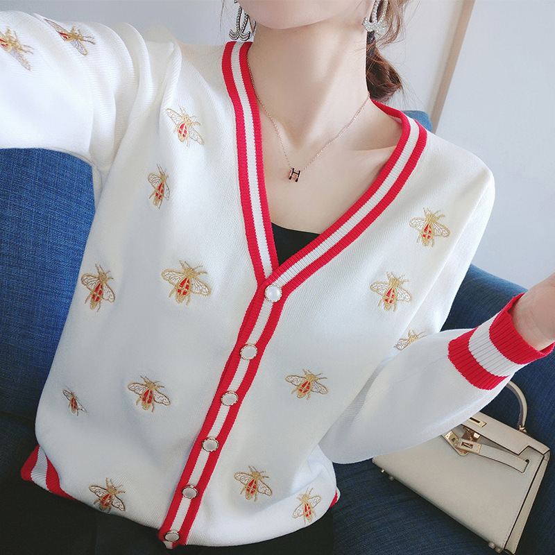 Fall and winter women casual vintage knitted cardigan sweaters bee embroidery long sleeve buttons sweater for women elegant coat