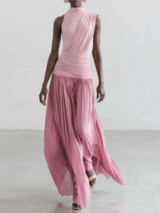 Nuovo Arrivo: Abito <span class=keywords><strong>Lungo</strong></span> Rosa da Donna <span class=keywords><strong>Monospalla</strong></span> con Collo Alto e Pieghe per Uso Quotidiano - Product Image 2