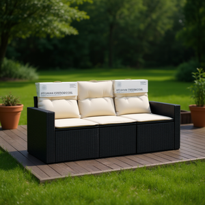 Ensemble de canapés de jardin avec coussins crème, trois places, mobilier d'extérieur noir, résistant aux UV, en rotin PE, imperméable, design contemporain - Product Image 2