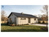 Villa préfabriquée de luxe scandinave style ferme en acier léger, 2 chambres, 2 salles de bain, en forme de L, à un étage, maison moderne avec patio, clé en main