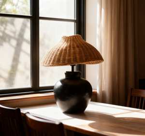 Lampada da Tavolo Retrò in Rattan, Vaso in Ceramica Carbonizzata in Legno Massello, Decorazione Antica per Hotel, Ristorante, Soggiorno, Camera da Letto, Comodino - Product Image 5