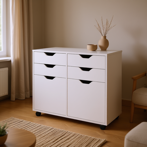 Db Halifax Wide 2-Door Storage <b>Cabinet</b> 4-<b>Drawer</b> White Sideboard Mid Century Modern Living Room Furniture - Product Image 2