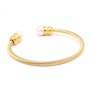 Cable Wire Bangle Ball Pearl 18 K Gold Plated Open Bangles Bracelets <strong>Stainless</strong> <strong>Steel</strong> <strong>Jewelry</strong> - Product Image 3