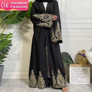 1495# Fashion Gold Applique <strong>Black</strong> Abaya Soft Polyester Muslim Women <strong>Kimono</strong> Islamic <strong>Long</strong> Robe Abayas - Product Image 1