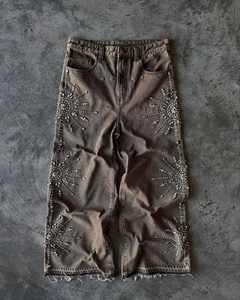 ローMoqラインストーンプリントローライズHommes生裾デニムパンツジッパー付きフライスタッズ洗浄メンズバギージーンズメーカー - Product Image 1