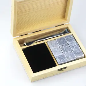 Mixology Whiskey Stones Gift Set With Wooden Box Cube-Shaped Granite Chilling Whiskey Rocks Set Of 9 Whiskey Gifts For Men