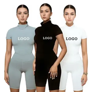 Factory Custom Summer Solid Color Short Sleeve Bodysuits and High Waist Biker Shorts 2 Piece Shorts Sets Womens Clothing 2021