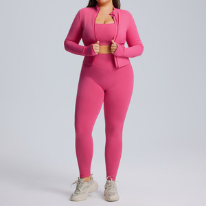 Set Sportivo <span class=keywords><strong>da</strong></span> <span class=keywords><strong>Donna</strong></span> 3 Pezzi <span class=keywords><strong>Taglie</strong></span> <span class=keywords><strong>Forti</strong></span> S-3XL: Giacca con Zip a Maniche Lunghe, Reggiseno Sportivo e Leggings a Vita Alta per Palestra e Allenamento - Product Image 3