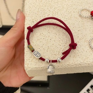 Bracelet en fil rouge tressé en argent sterling 999 Happy Lucky Cat pour femmes, bijoux cadeau de style chinois - Product Image 5