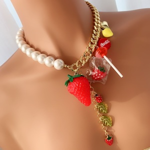 Collar de cadena cubana de perlas para mujer, accesorios de fiesta, collar de fresa con abalorios de resina múltiple, joyería bonita - Product Image 4