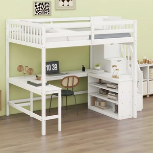 <span class=keywords><strong>Lit</strong></span> mezzanine moderne avec bureau <span class=keywords><strong>en</strong></span> L intégré et étagères de rangement à trois niveaux, escalier de rangement pour chambre à coucher - Product Image 5