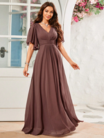 Robe de soirée longue en mousseline de soie haut de gamme, couleur unie, manches papillon, détail plissé sur le devant, coupe trapèze, pour dîners, mariages et fêtes