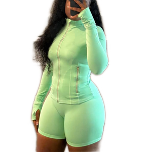 Vêtements pour femmes ensemble de shorts vert Nylon or veste à glissière Shorts <span class=keywords><strong>Yoga</strong></span> Gym Fitness Wear 2 pièces ensemble femmes survêtements été - Product Image 1