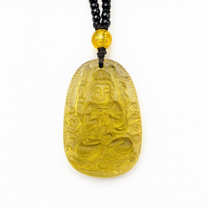 Colgante de Citrino del Bodhisattva Manjushri de la Sabiduría con Mala de Cuentas Amarillas y Negras: Un Símbolo de Claridad, Conocimiento y Abundancia - Product Image 2