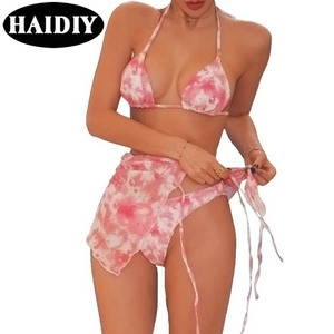 Yeni seksi katı kravat-boya baskılar dantel kapak-up üçgen 3 parça Bikini Beachwear mayo özel kadın mayo oymak - Product Image 1