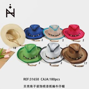 Cappello da Cowboy in Carta Intrecciata Decorato con Perline e Verniciatura Spray, Stile Sombrero - Product Image 1