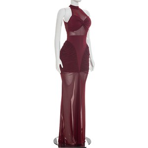 Viviblook D26DS180 Vestidos de verano para mujer, vestido largo de noche plisado con retazos de malla transparente sin mangas - Product Image 4