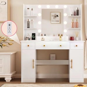 โต๊ะเครื่องแ<span class=keywords><strong>ป</strong></span>้งขนาดใหญ่ทันสมัยพร้อมชั้นวางแบบเปิดและตู้เก็บของ กระจกแต่งหน้าพร้อมไฟ LED  หน้าโต๊ะทำจากแผ่น MDF สำหรับห้องนอน - Product Image 2