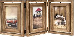 JUNJI 4x6 Rustic Wood Hinged Folding <strong>Triple</strong> Picture Collage Double-Sided Display Rotatable High Definition Glass <strong>Photo</strong> <strong>Frame</strong> - Product Image 2