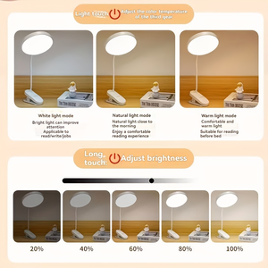 Lampe de bureau ronde à clip USB, lampe de chevet pour étudiant |   Veilleuse de chambre à coucher |   Lampe de lecture/étude à 3 niveaux de luminosité - Product Image 3