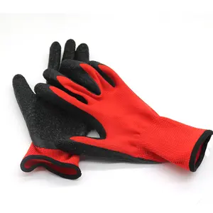 Toptan ucuz kırmızı siyah lateks kaplı Polyester naylon örgü eldiven kauçuk emniyet çalışma lateks eldiven kauçuk kaplamalı eldiven