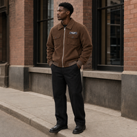 Blouson Bomber Homme Hiver Marron Côtelé Brodé sur le Devant avec Capuche, Veste de Travail Zippée, Poches Poitrine Utilitaires, Manches Longues Décontracté