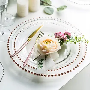 JInbaijia 13 inch 33 cm Wholesale Rose Gold Sliver Gold Beaded Rim Clear Crystal Glass Charger Plates Wedding Bulk