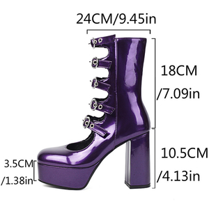 Women High Chunky Heels Square Toe <b>Shoes</b> Summer Cut Out Platform Sandals Front Metal Buckles Mid Calf Short Boots - Product Image 6