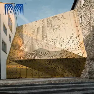Fire rated wood finish mashrabiya restaurant punched aluminum veneer architectural 3d perforated exterior curtain wall