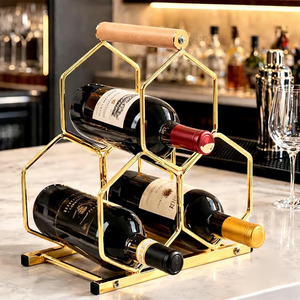 Porte-vin moderne en laiton avec poignée en bois, capacité 3 bouteilles, design minimaliste pour la présentation à domicile - Product Image 3