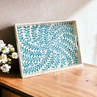 Plateau de service rectangulaire de luxe en bois, motif feuille d'océan bleu nacre, écologique, léger, pour la maison, la cuisine, mariage moderne