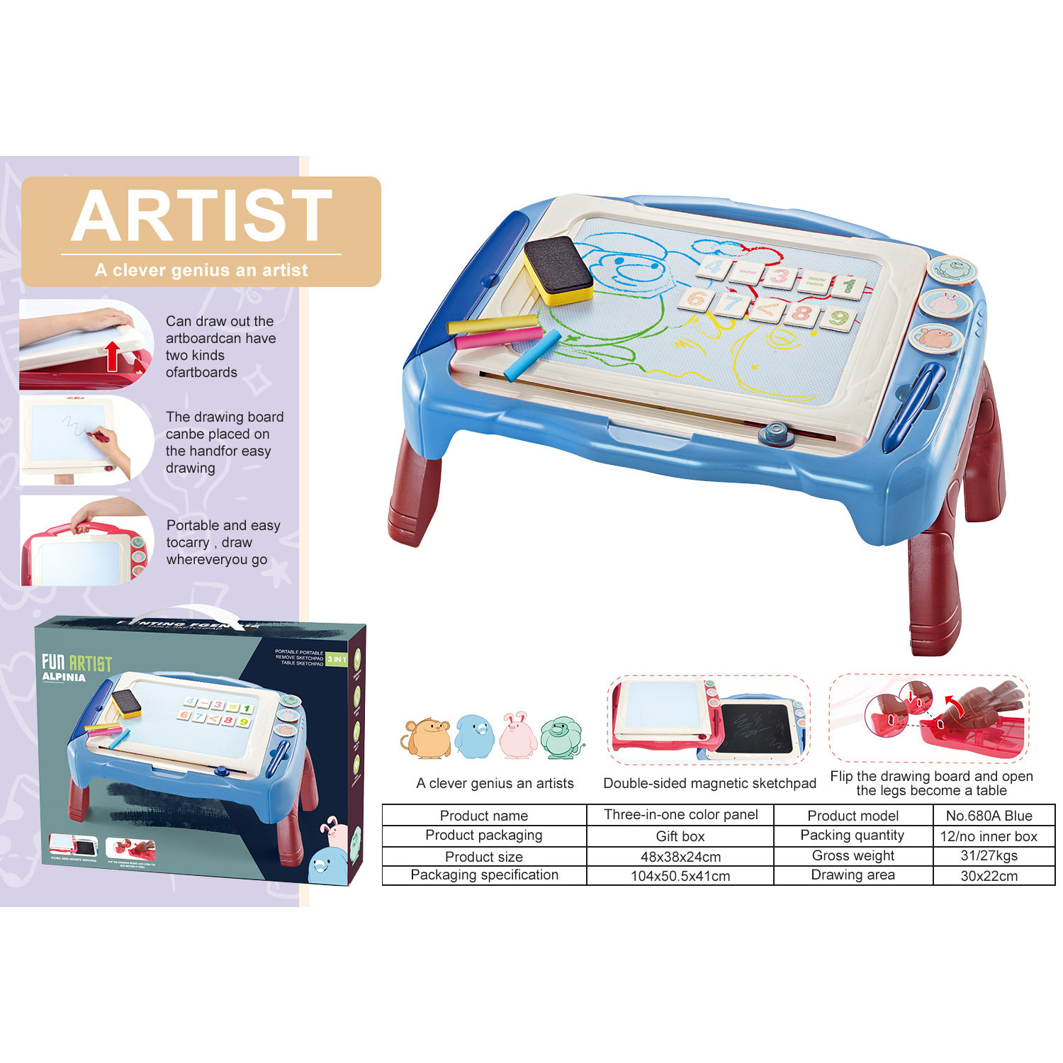 Powder blue tabletop drawing board with English lettering box