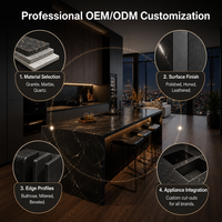 Ensemble d'armoires de cuisine modulaires modernes KEJIA en noir mat avec texture de grain de bois foncé et îlot cascade en marbre noir de luxe OEM