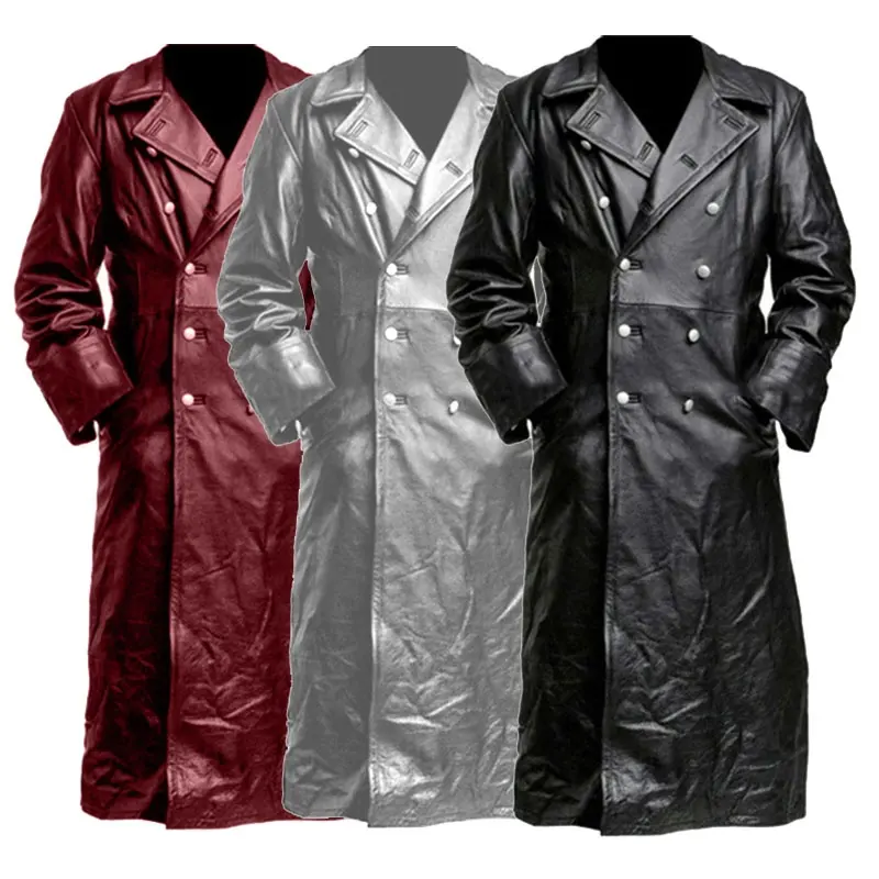 Elegent Men Medieval Steampunk Gothic Chaquetas largas de cuero Vintage Winter Outerwear Faux Leather Trench Coat