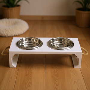 Soporte doble blanco para comederos de mascotas con tazones de acero inoxidable para perros y gatos - Product Image 3