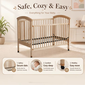 Cuna de Madera Convertible Estándar EN con Ruedas Bloqueables, Color Natural, para Guardería Europea - Product Image 3